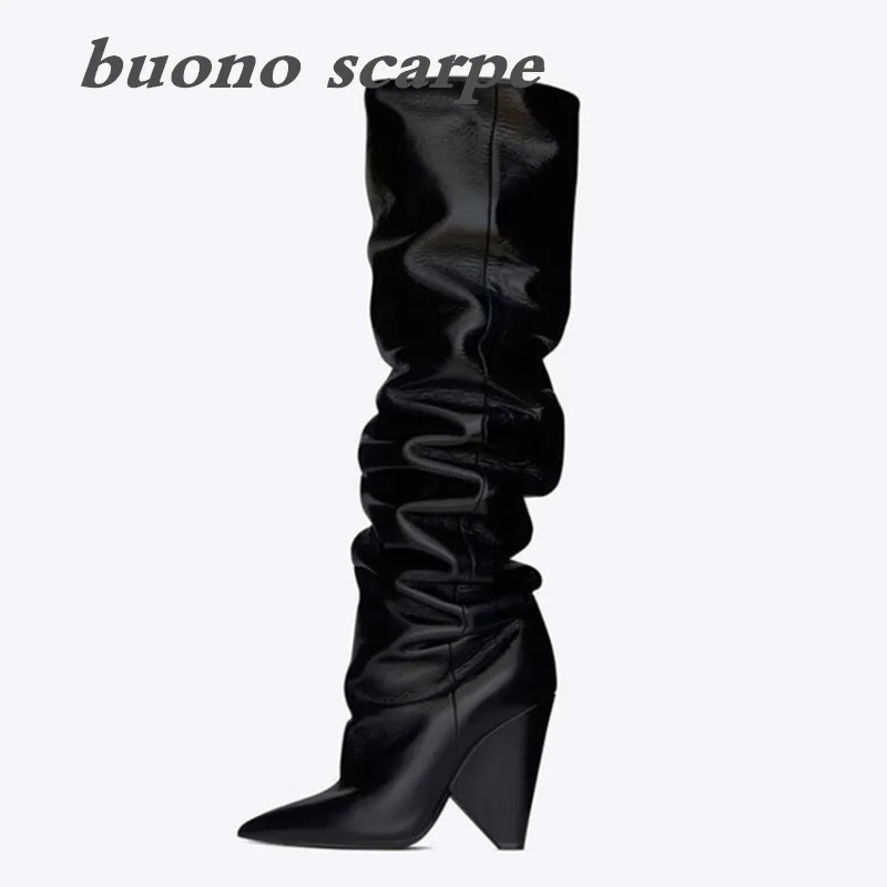 

Fashion pleated long tube shaped heel with pointed car stitching flanging elastic boots horse oil leather boots