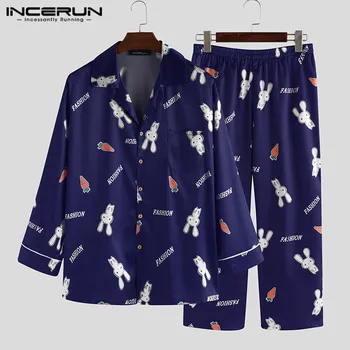 

INCERUN Printing Men Pajamas Sets Homewear Long Sleeve Nightwear Pants Loose 2020 Unisex Casual Sleepwear Sets Pyjamas 2 Pieces