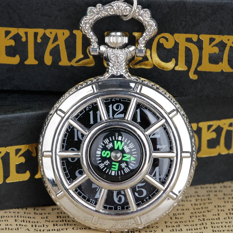 

Vintage Hollow Compass Skeleton Pocket Watch Black Starry Round Dial Antique Pendant Clock Gifts Men Women