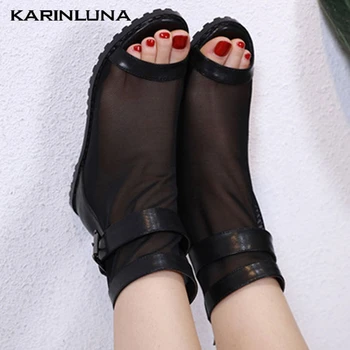 

Karinluna 2020 Dropship Leisure Inside Wedges Shoes Med Heel Air Mesh Summer Boots Women Sandals Female Ankle Boots