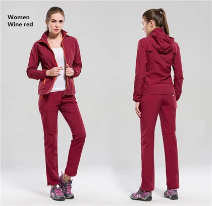 Women Wine red Походный костюм куртка+ брюки мужские весна осень Открытый костюмы лето защита от солнца УФ с капюшоном куртка набор быстросохнущая дышащая - Цвет: Women Wine red