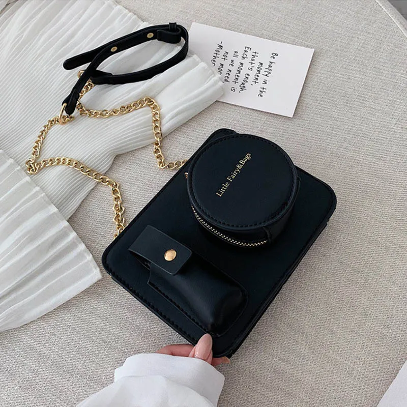 Black Bags Модные сумки на плечо в форме камеры для женщин, женские Сумки из искусственной кожи с цепочкой, повседневные брендовые дизайнерские сумки, однотонные сумки-мессенджеры - Цвет: Black Bags