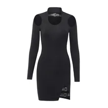 Exy облегающее черное платье женские Мини-Вечерние Платья с вырезами готическое панк-платье с пряжкой и длинным рукавом Уличная Дамское Платье