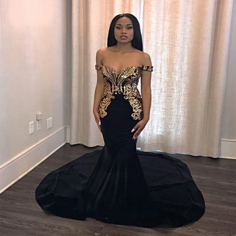 Plus Size Off The Shoulder Mermaid Prom Dresses 2022 Black And Gold