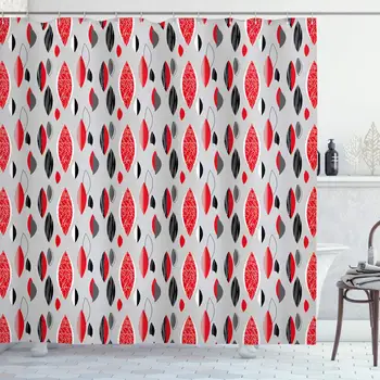 

Mid Century Shower Curtain, Abstract Oval Leaf Forms with Different Designs and Color Combinations, Cloth Fabric Bathroom Decor