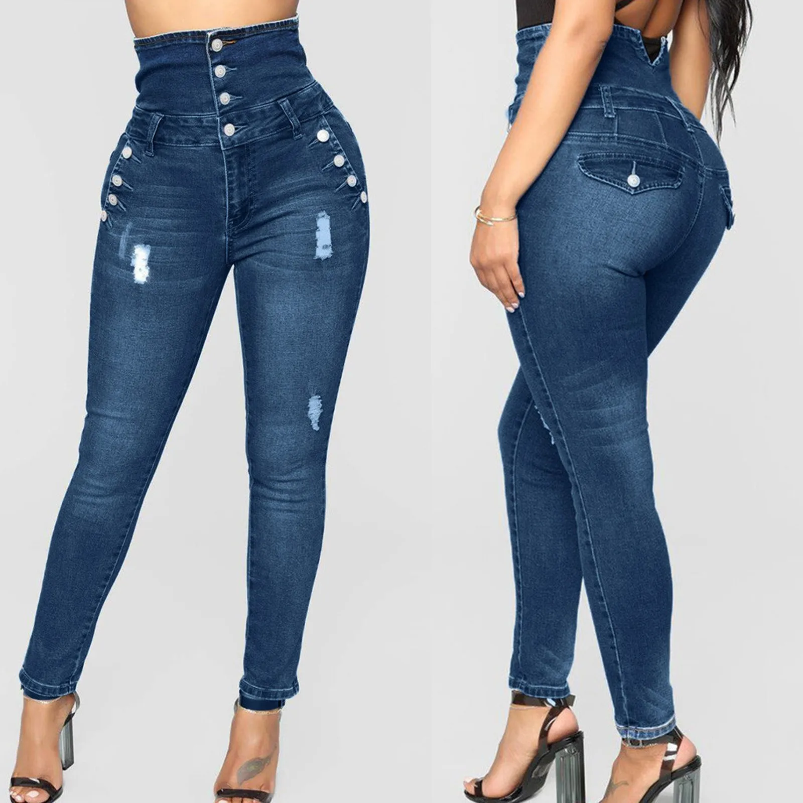 Fashion Casual Women Plus Size Four-breasted Ripped Stretch Slim Denim Skinny High Waist Jeans Female Harajuku Trousers Mujer 1