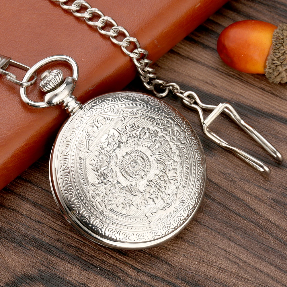 Luxury Silver Gear Hollow Quartz Pocket Watch Chain Fob Watch