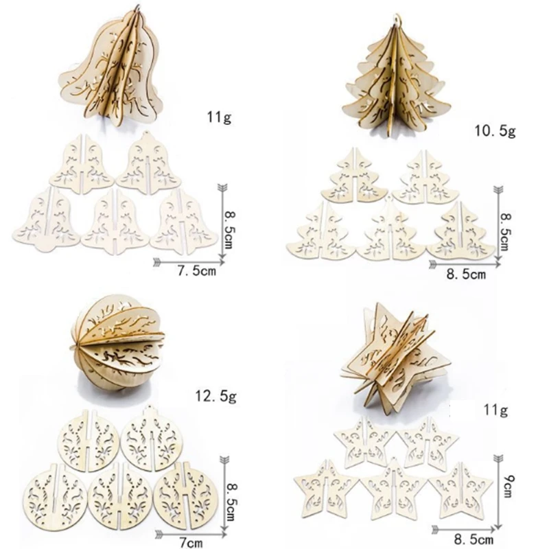 16Pcs Wood Slices Splicing DIY 3D Christmas Pendants Ornaments with Hang String Xmas Tree Hollow Pendants Home Party Decorations