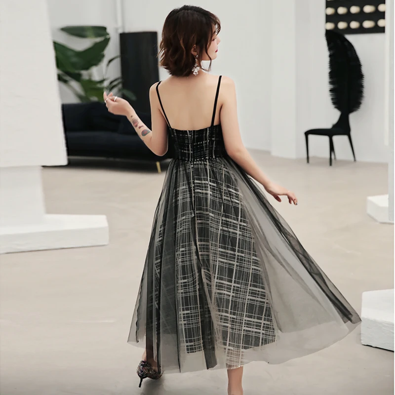 Черное клетчатое женское вечернее платье, Cheongsam, сексуальное, на тонких бретелях, с открытыми плечами, официальное, вечернее платье, Сетчатое, Robe De Soiree Vestidos