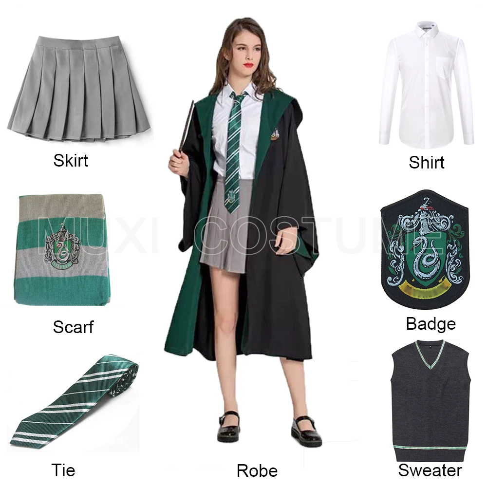 Free Shipping Slytherin Cosplay Robe Cloak Pullover Sweater Shirt Skirt Tie Badge Scarf Harris Costume