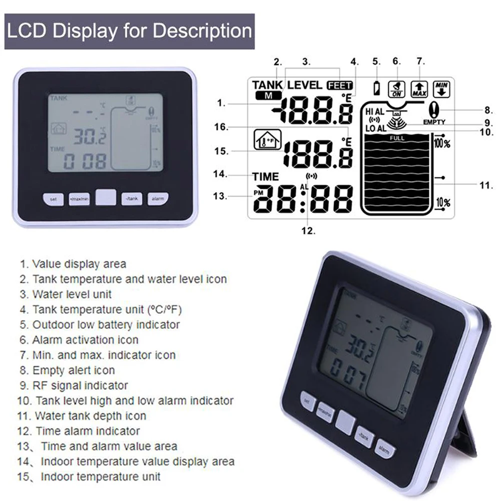 

Ultrasonic Water Tank Level Meter Temperature Sensor Low battery Liquid Depth Indicator Time Alarm Transmitter Measuring Tools