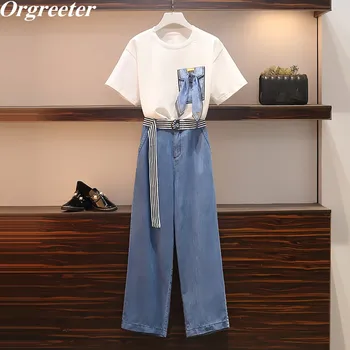 

Casual Tshirt With Jeans 2 Piece set Women New Plus size L-4XL Print White Tshirt and Striped Belt Thin Blue Denim Pants Suits