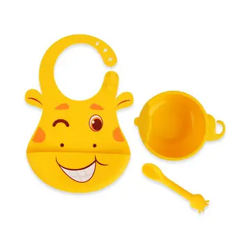 

3 Pcs Baby Newborn Cartoon Bibs Bowl Spoon Set Waterproof Food Grade Silicone 23GD