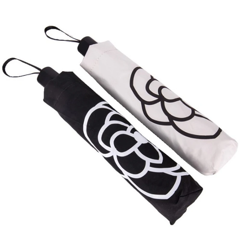 New-Creative Camellia Dual Use Manual Umbrella Outdoor Vinyl Rubber Handle Umbrella College Style Three-Fold Umbrella