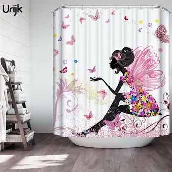 

New 1PC Butterfly Girl Curtain for Bathroom Waterproof Polyester Fabric Bath Curtains Printed Romantic Bathtub Curtain Home