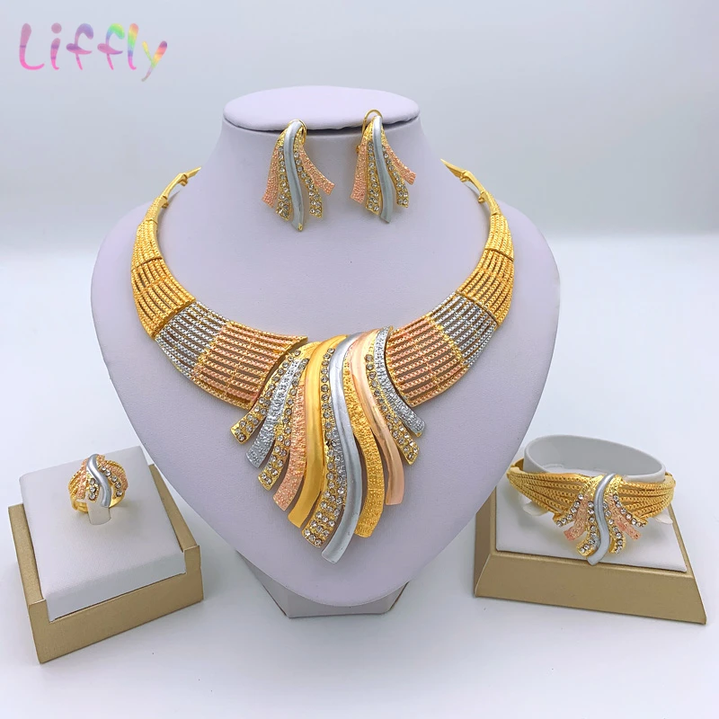 Multicolor Liffly Африканский Свадебный Дубай ювелирные наборы кристалл большое ожерелье серьги кольцо браслет нигерийские женские модные свадебные золотые ювелирные изделия - Окраска металла: Multicolor