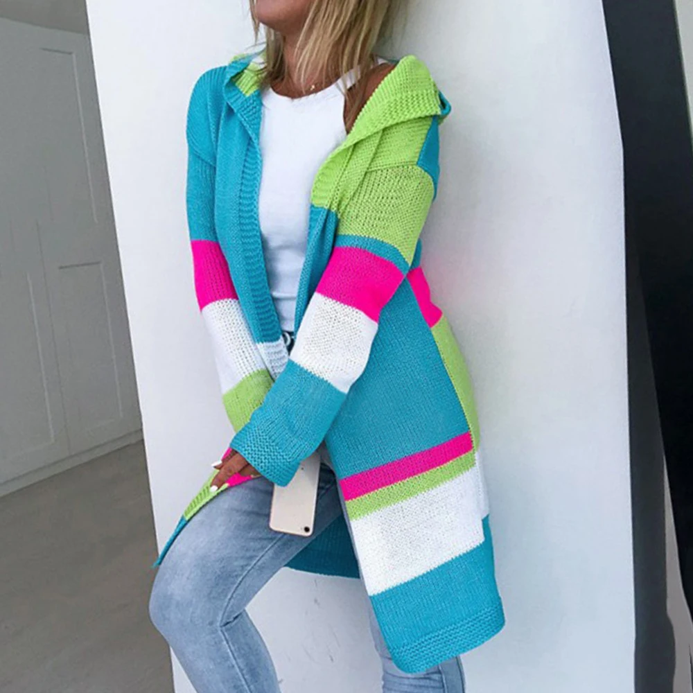 HEFLASHOR длинный кардиган свитер Для женщин Модные трикотажные Pull Femme осень-зима Красочные; кофта с капюшоном в полоску и свободные Chaqueta Mujer