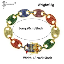 Хип-хоп, 39 г, 20 см, многоцветные, со стразами, золото, серебро, кофейные зерна, звено, цепочка, браслет, цепочка, Pulsera, ювелирные изделия для унисекс