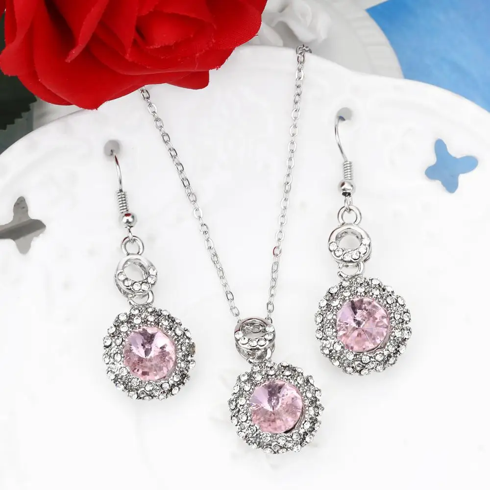 MINHIN Wholesale Price Elegant Crystal Jewelry Sets For Women Silver Color Chain Pendant Necklace Earrings Set 2pcs | Украшения и