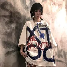 Camiseta de manga corta para hombre, tops de hip hop de tendencia oscura, camiseta de fondo suelta de moda Coreana de la Academia de estampado de graffiti