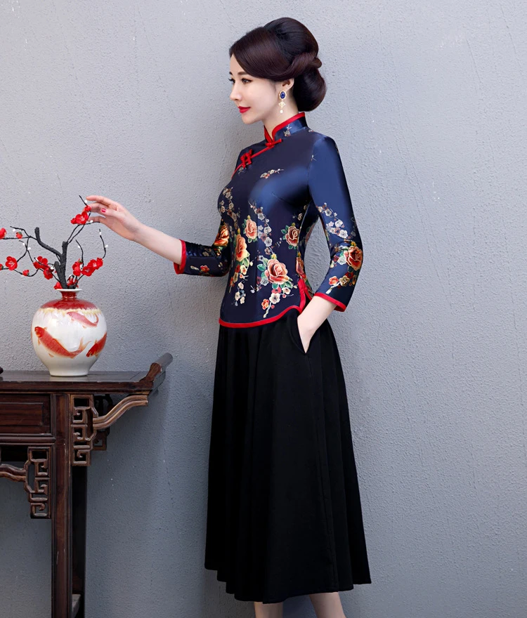 Негабаритный 4XL 5XL Женская велюровая рубашка Осенняя винтажная блузка в китайском стиле Цветочная женская свадебная одежда традиционные классические топы