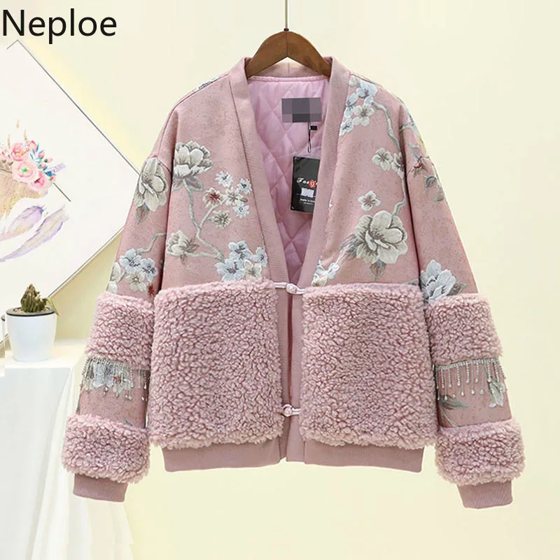 Neploe, зимние теплые женские парки, Цветочная вышивка, овчина, Лоскутная куртка, Ретро стиль, бриллианты, длинный рукав, пальто, верхняя одежда 56159