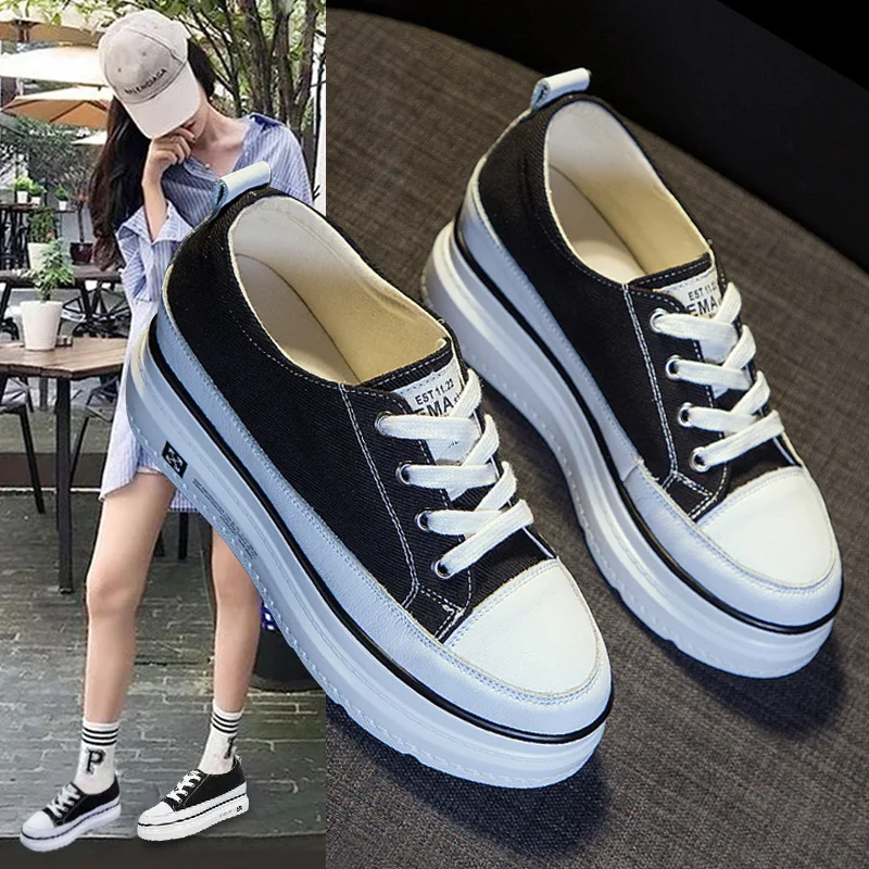 

2019 Autumn New Style Lace-up Canvas Thick Bottomed Platform Shoes Korean-style Elevator round-Toe Casual White Shoes Fashion