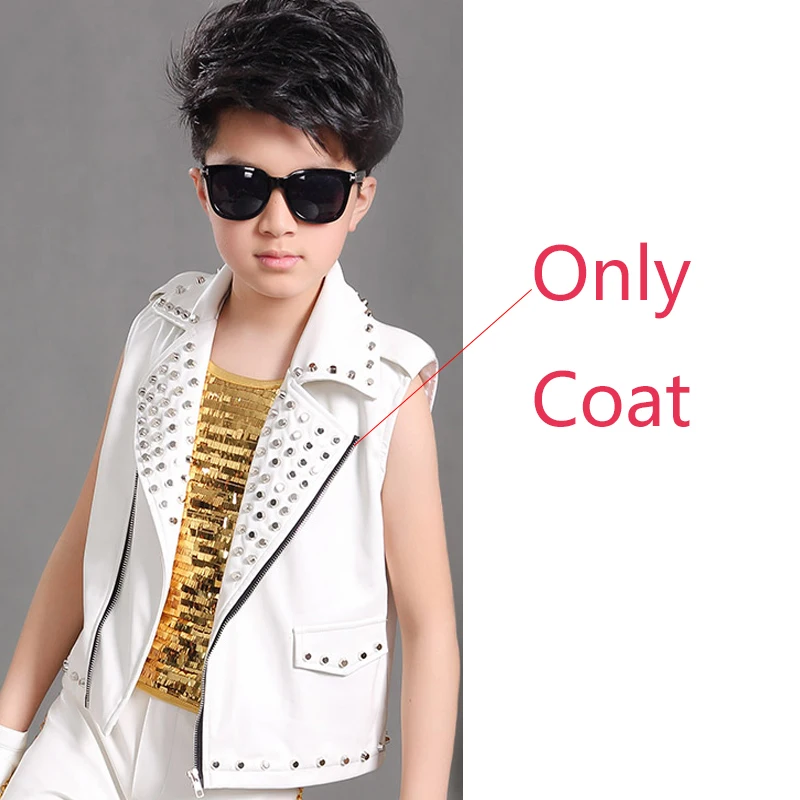 Boys Jazz Dance Costumes Gold Vest Leather Pants Jacket Suit Children Chorus Stage Outfits Chorus Performance Costume DQS2781 - Color: Only coat