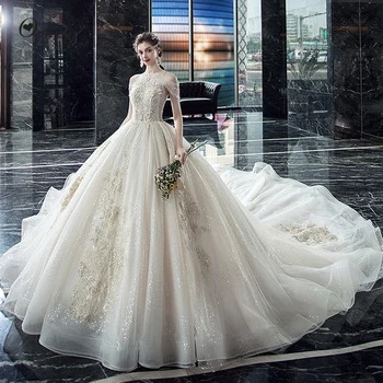 

Optcely Vintage O-Neck Off-the-shoulder Beaded Gorgeous Ball Gown Backless Tulle Wedding Dresses 2019 Lace Appliques Bridal Gown