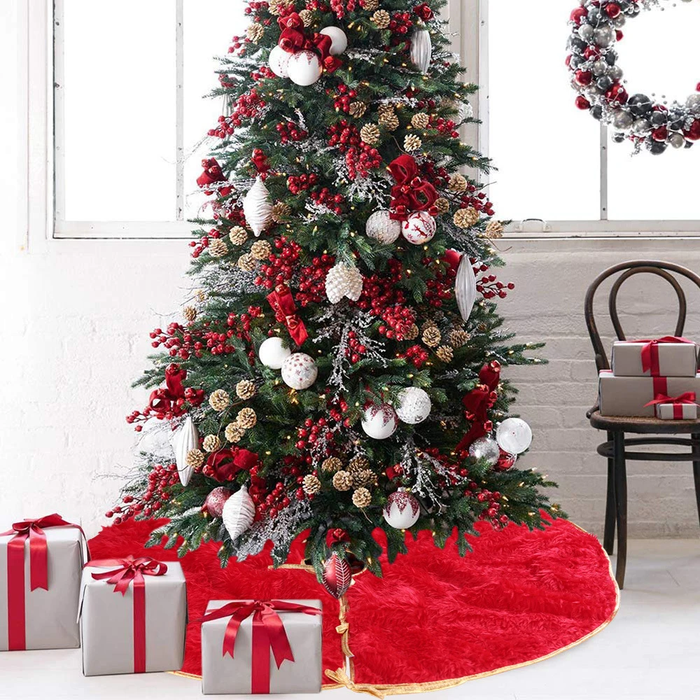 

Home Christmas Tree Decorations Red Fluffy Tree Skirt Christmas Tree Bottom Pad Dark Red Christmas Tree Apron Soft Cushion