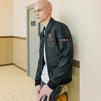 

New style Lapel super cool embroidered hip hop totem couple leather coat