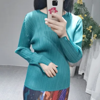 

LANMREM 2020 Cuff Split Design Top New Women's Round Neck Long Sleeve Large Size Solid Color Temperament T Shirt 19B-a162