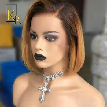 

1b 27 Ombre 13x4 Wigs Honey Blonde Glueless Lace Front Short Bob Wigs Straight Peruvian Human 130% Remy Low Ratio Bleached Hair