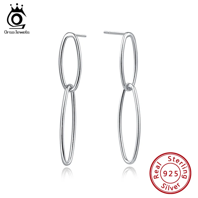 

ORSA JEWELS Solid 925 Long Drop Earrings Newest Sterling Silver Simple Geometric Pendant Oval Dangle Earrings Lady Jewelry SE184