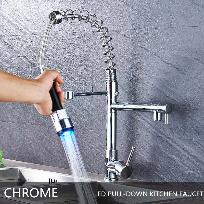 LED Kitchen Sink Faucet Spring Pull Down Sprayer Chrome Swivel Spout Mixer Tap 