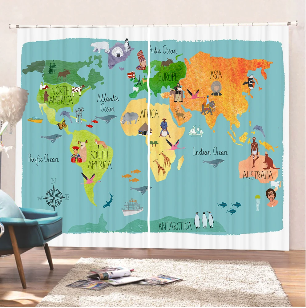 

3D Print World Map Window Curtains Cartoon Window Treatments 2 Panels Home Decoration Parlour Window Drapes Home Decoration