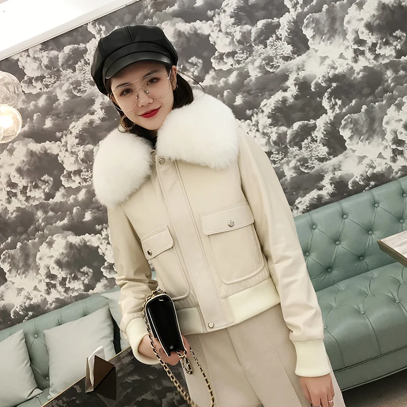 

Genuine Leather Jacket Women Short Warm Women's Winter Down Jackets Real Sheepskin Coat Natural Fox Fur Collar 37999