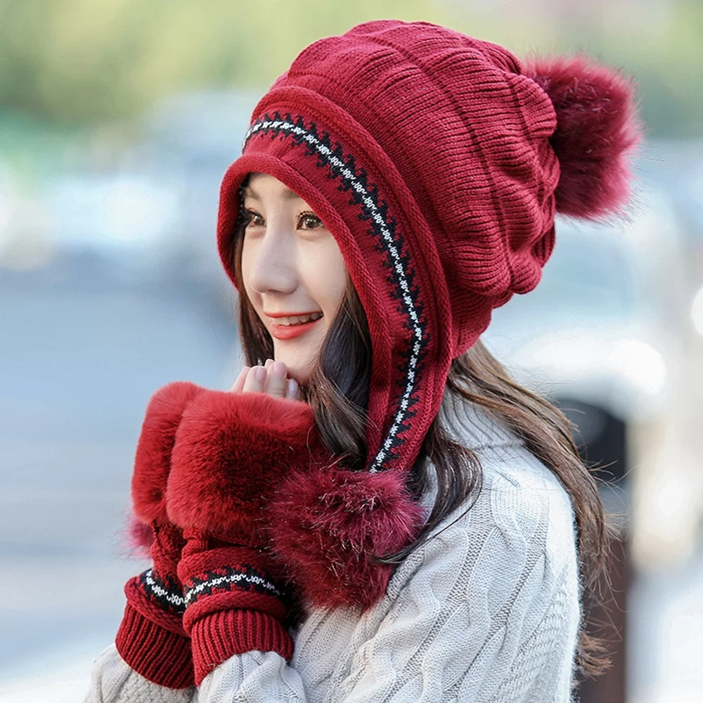 DIFF COOLWinter женская вязаная шерстяная шапка зимне наушники шапка теплые перчатки модная шерстяная Толстая шапка женская теплая шапка снежная шапка кроличья шерсть bal