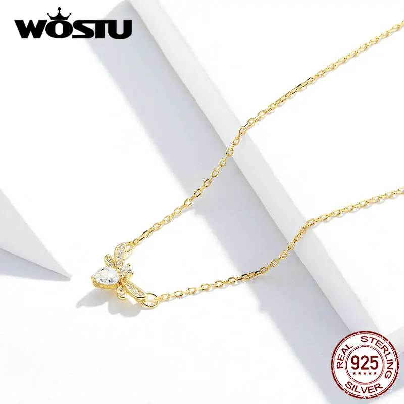 WOSTU,, подлинное 925 пробы, серебряное, золотое, пчелиное ожерелье для женщин, жесткая работа, модное ювелирное изделие, BKN373