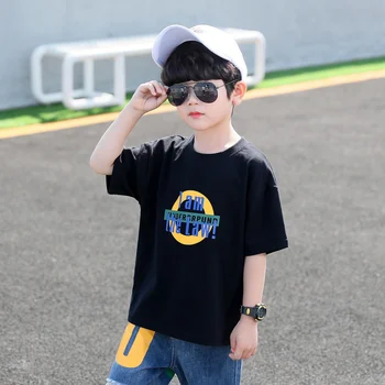 

Boy's Short-Sleeved T-shirt Cotton Summer New yin hua shan Children round Neck Top Western Style