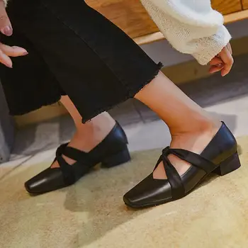 

ALLBITEFO size 34-42 square toe soft genuine leather women heels shoes fashion casual women medium heel shoes kitten heels