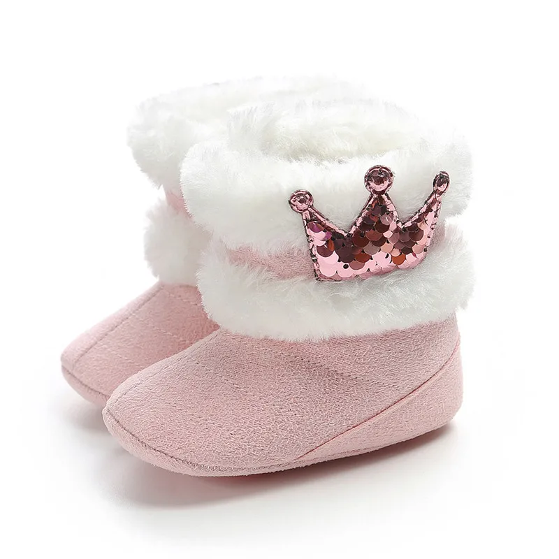 TOPATY Newborn Infant Baby Girl Winter Warm Crown Fur Mid-Calf Length Slip-On Furry Boots 0-18M New Zapatos De Bebe Snow Booties - Цвет: Pink Pink
