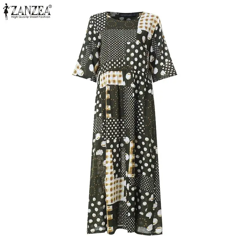 ZANZEA женское богемное платье винтажное длинное макси Vestidos женские, повседневные, свободные летний пляжный Сарафан Плюс Размер лоскутное платье с принтом