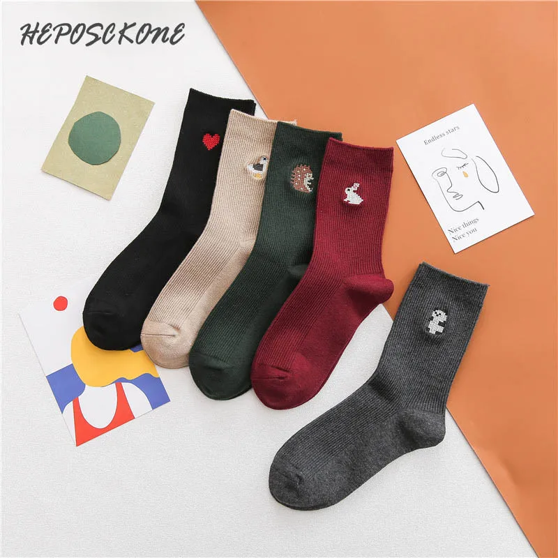 Женские носки в японском стиле Харадзюку из чесаного хлопка с милым мультяшным кроликом пандой и вышивкой; однотонные рождественские носки в полоску; сезон осень-зима
