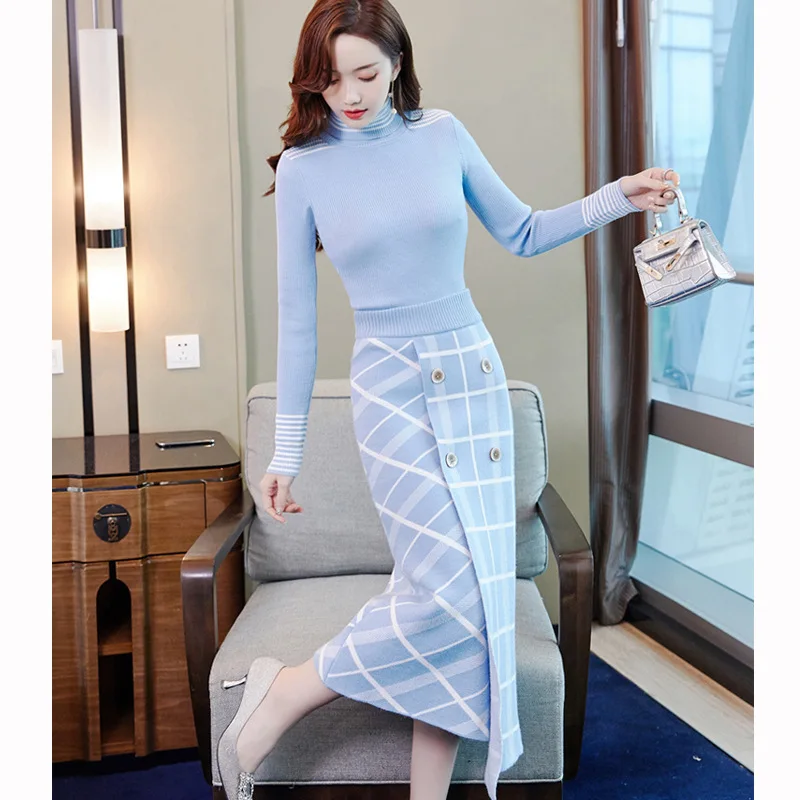 ^*Best Offers Top Brand Designer Women Sweater Skirt 2Pcs Set 2019 Autumn Winter High Neck Knit Top+Plaid Skirt Suit Set Lady Twinset
