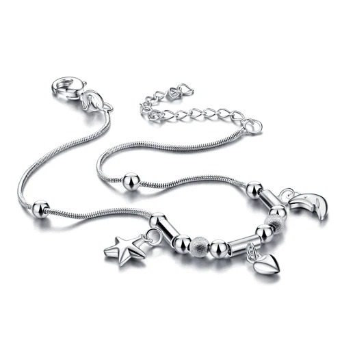 Лаконичный стиль 925 стерлингового серебра anklets Для женщин Луна и звезда кулон Леди Твердые серебряные цепи не аллергический подарок на день рождения