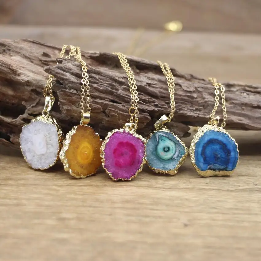 

Boho Colourful Solar Quartz Geode Pendants Golden Necklaces,Raw Druzy Drusy Charms Chains For Women Jewelry Dropshipping,QC3075