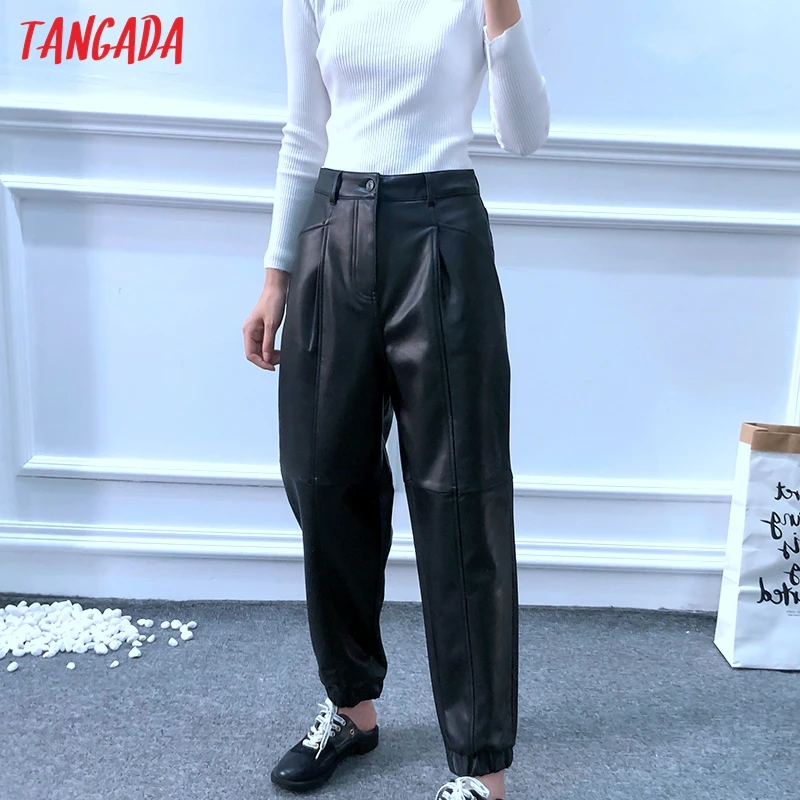 Tangada, женские черные штаны из искусственной кожи, женские штаны, Осень-зима, винтажные брюки из искусственной кожи, уличный стиль 6A10