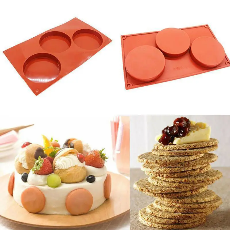

3 Cavity Large Disc Round Silicone Mould Soap Cookies Bakeware Cake Pan Tray