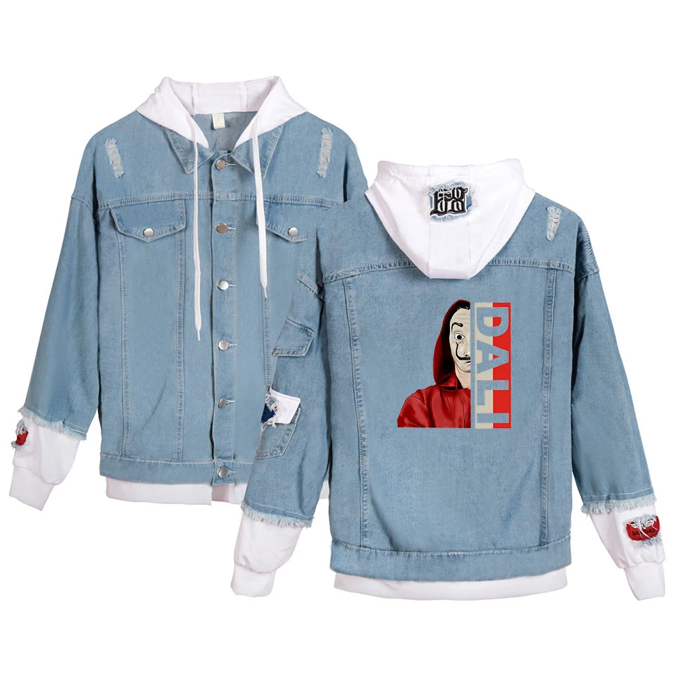 men Denim Jacket With  Autumn Winter Denim salvador dali print Jacket Warm Jacket Vintage Long Sleeve Loose Jeans Coat Outwear